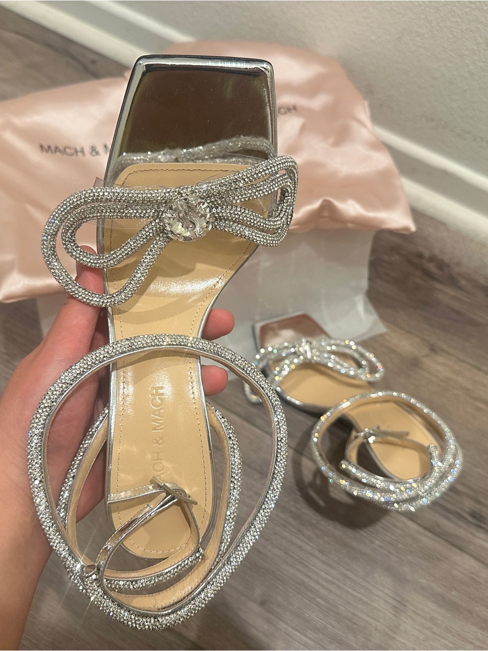 MACH & MACH Double Bow Crystal-Embellished Silver Heels – Size 37.5